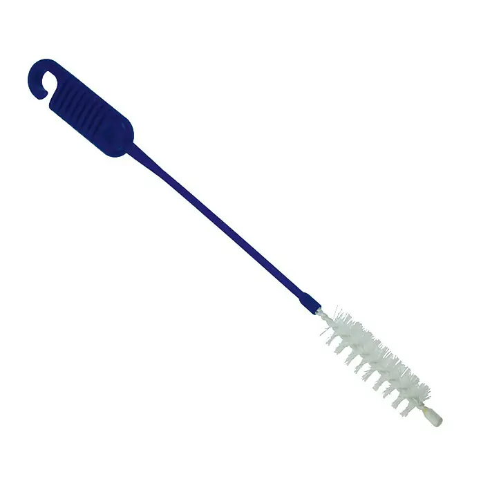 Kaffeekannenbürste - Länge Stiel: 30 cm, Material Borsten: Nylon - Eine blaue Flaschenbürste mit weißem Bürstenkopf und praktischem Haken am Griffende zum einfachen Aufhängen nach Gebrauch.