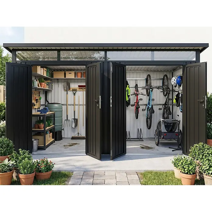 Metall Gerätehaus Modell Skylight 2-Raum  8,95 m², Acrylglas -  - Schwarzer Metall-Gartenschuppen, geöffnet mit Regalen, Gartengeräten, mehreren Fahrrädern und Fahrradanhänger.