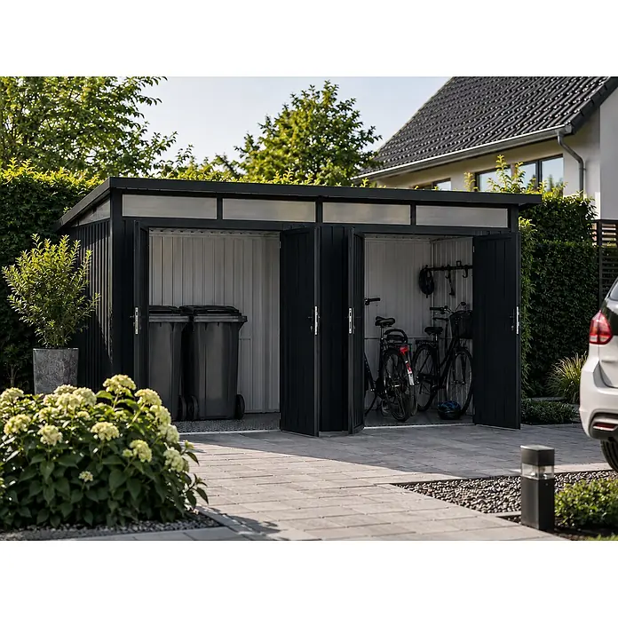 Metall Gerätehaus Modell Skylight 2-Raum  8,95 m², Acrylglas -  - Dunkelgrauer Metall-Zweifachschuppen mit transluzentem Dach, zur Aufbewahrung von Mülltonnen und Fahrrädern.