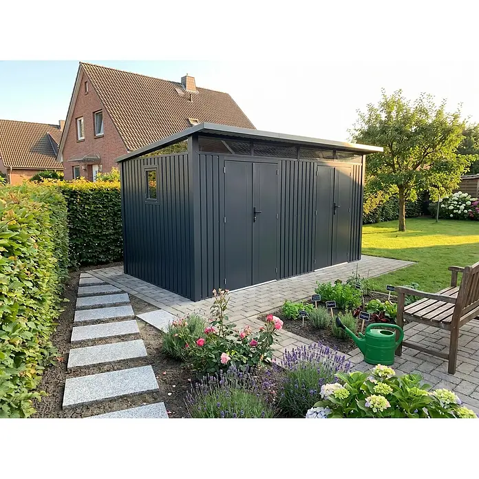 Metall Gerätehaus Modell Skylight 2-Raum  8,95 m², Acrylglas -  - Dunkelgraues Gartenhaus mit mehreren Türen und Flachdach, platziert in einem sonnigen Garten.