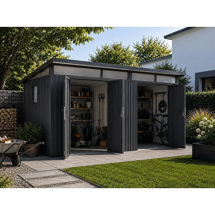 Metall Gerätehaus Modell Skylight 2-Raum  8,95 m², Acrylglas -  - Dunkelgraues Metall-Gartenhaus mit zwei offenen Abteilen zur Aufbewahrung von Gartengeräten, Ausrüstung und einem Fahrrad.