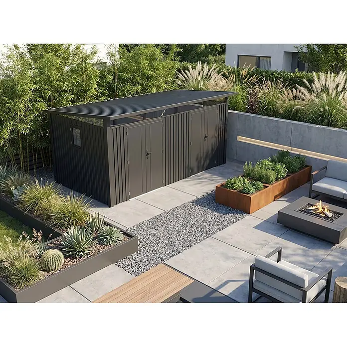 Metall Gerätehaus Modell Skylight 2-Raum  8,95 m², Acrylglas -  - Dunkelgraues Gartenhaus mit Wellblechdach, bietet Stauraum im modernen Gartenambiente.
