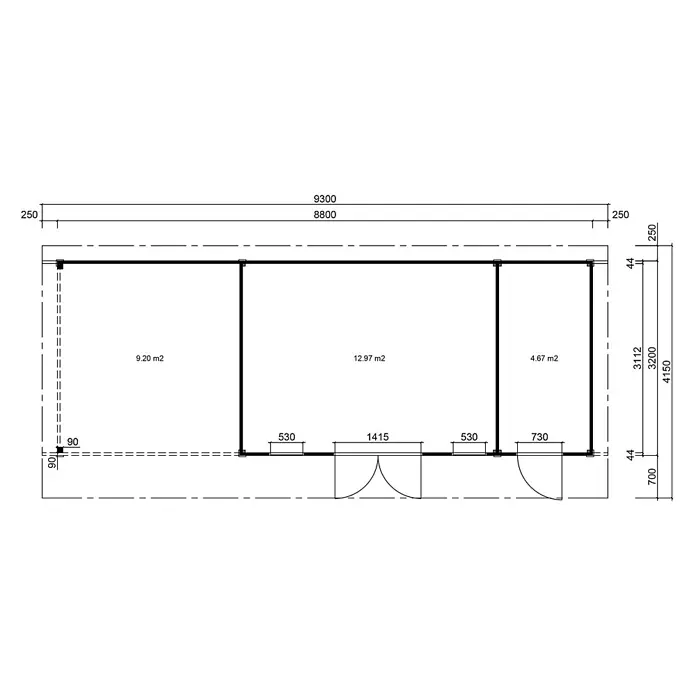 Fjordholz 2-Raum Gartenhaus  Alu Line 44-G, 28.16  m², Isoliervergl. -  - Detaillierter Grundriss mit drei Räumen, Maßen, Flächen (9,20 m2, 12,97 m2, 4,67 m2) und Gesamtgröße des Baus.
