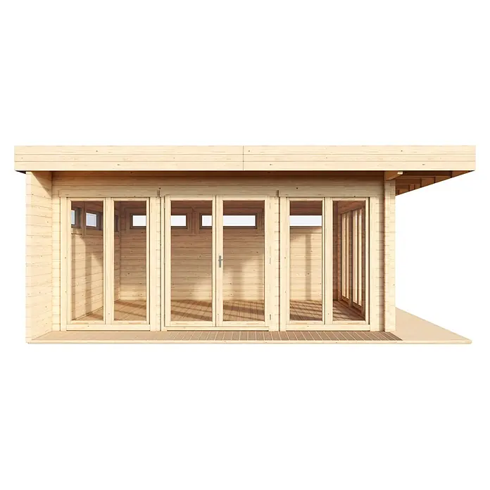 Fjordholz Gartenlounge Modell Mila 44, 33.62 m², Farbbehandlung Lichtgrau -  - Heller Holzgartenraum mit weitläufigen Falttüren aus Glas und kleineren Oberlichtern.