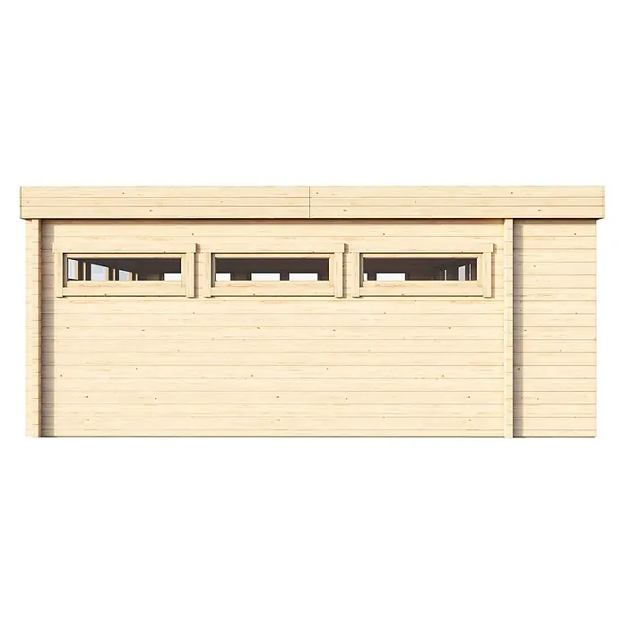 Fjordholz Gartenlounge Modell Mila 44, 33.62 m², Farbbehandlung Lichtgrau -  - Helle Holzfassade mit drei rechteckigen Fenstern.