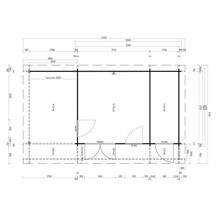 Gartenlounge Modell Petra 44 C mit Anbau, 21.39 m², Isolierverglasung -  - Detaillierter Grundriss eines Gebäudes mit Maßen, Raumflächen und Terrasse.