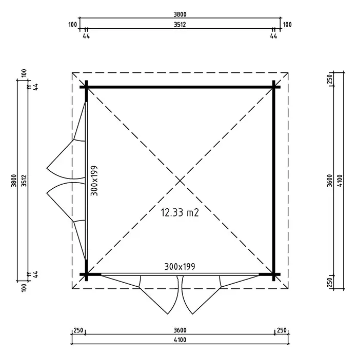 Fjordholz Gartenlounge  Kiano 44 G, 12.33  m²,  Lichtgrau -  - Technische Zeichnung mit Grundriss und Maßen einer quadratischen Hütte, inklusive einer Fläche von 12,33 m2.