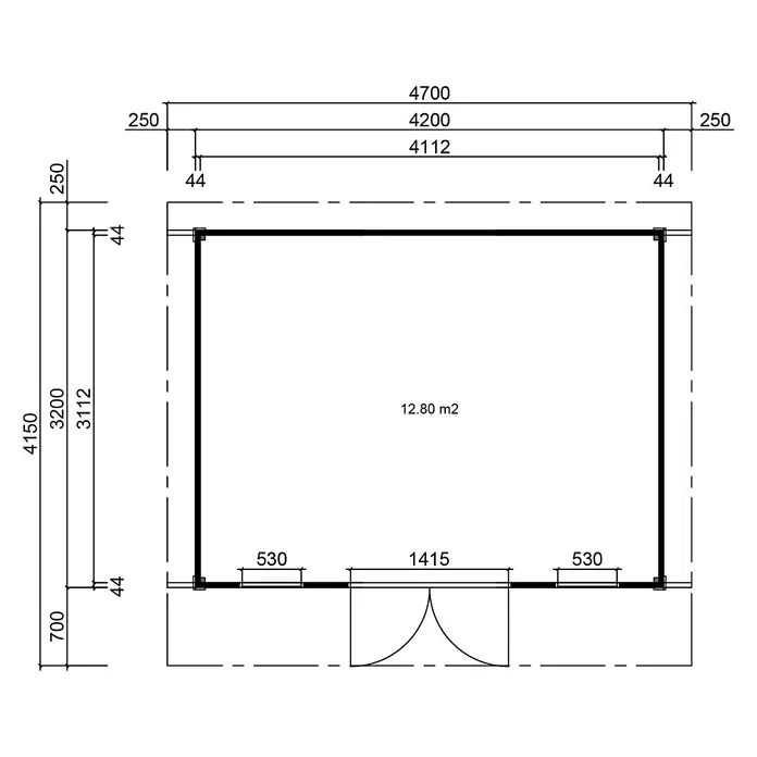 Fjordholz Gartenhaus Modell Alu Line 44-C, 13.44  m², Isolierverglasung -  - Grundriss eines rechteckigen Gartenhauses mit Gesamtmaßen und einer Innenfläche von 12,80 m².