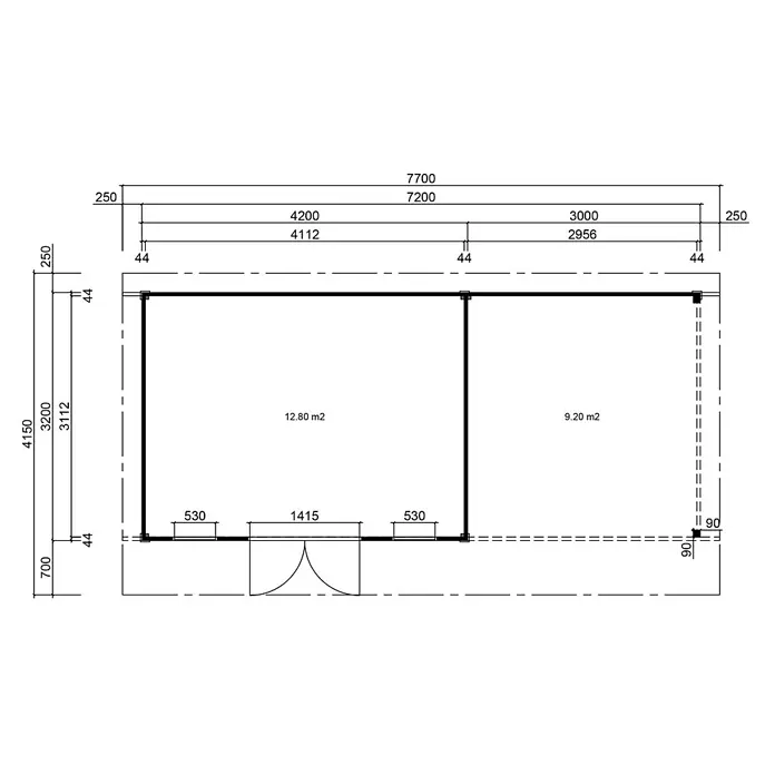 Fjordholz Gartenhaus Modell Alu Line 44-D, 23.04  m², Isolierverglasung -  - Grundrisszeichnung eines zweiräumigen Gartenhauses mit Gesamtmaßen 7700x4150 mm, Innenmaßen, Wandstärken, Tür und Raumflächen (12,80 m² und 9,20 m²).