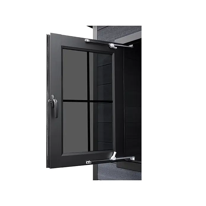 WPC Gartenhaus Modell Style DeLuxe 26,60 m², Sicherheitsglas -  - Offenes schwarzes Fenster mit dunklem Glas, Griff und weißen Fensterhaltern oben und unten.