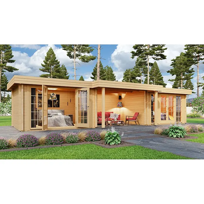 Gartenlounge Modell Yuna 70 A, 21.22 m², Isolierverglasung -  - Helle Holzhütte mit Schlafbereich und überdachter Terrasse mit Sitzgelegenheiten, umgeben von Natur.