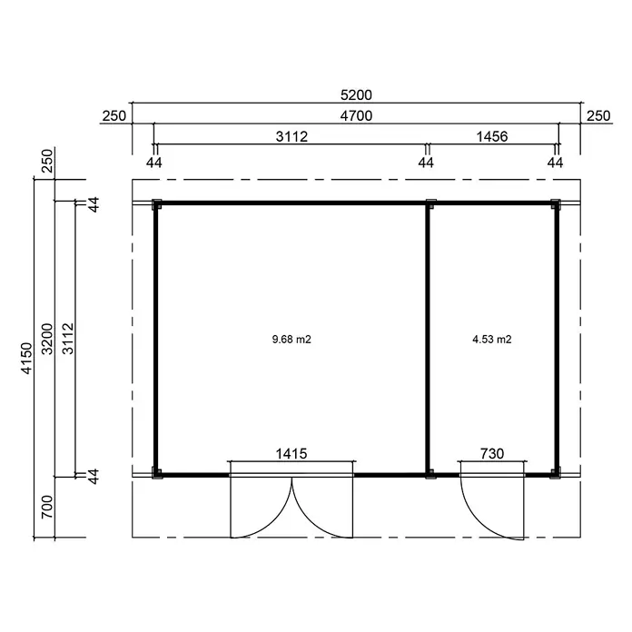 Fjordholz 2-Raum Gartenhaus  Alu Line 44-E, 15.04  m², Isoliervergl. -  - Grundrisszeichnung mit Gebäudemaßen, zwei Räumen mit Flächen von 9,68 m2 und 4,53 m2 sowie Türbreiten.