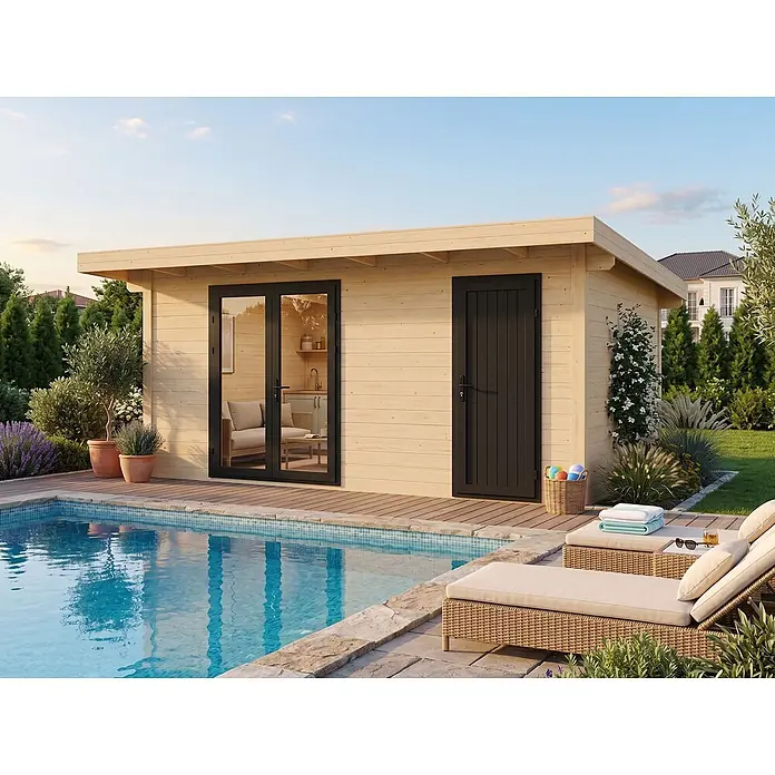 Fjordholz 2-Raum Gartenhaus  Alu Line 44-E, 15.04  m², Isoliervergl. -  - Helles Gartenhaus aus Holz mit schwarzen Türen am Pool, als modernes Poolhaus oder Freizeitkabine.