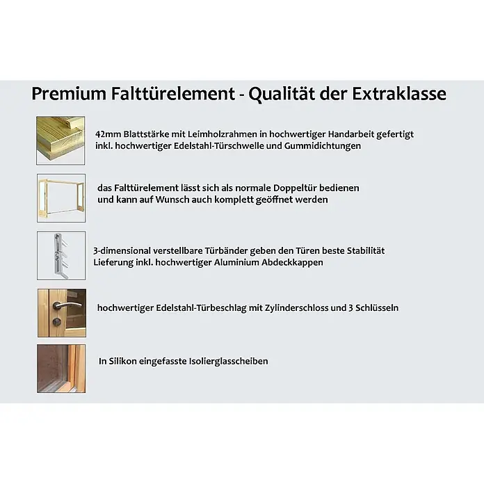 Fjordholz Gartenlounge Modell Kiano 44 F, 9.52  m², ohne Imprägnierung -  - Premium Falttürelement aus Holz mit Edelstahlbeschlag, verstellbaren Bändern und Isolierglas.