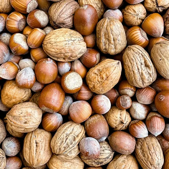 Orni Nüsse-Mix für Eichhörnchen 1kg -  - Nahaufnahme eines Haufens verschiedener Nüsse mit Schale, darunter Walnüsse und Haselnüsse, die ihre natürlichen Texturen und Brauntöne zeigen.