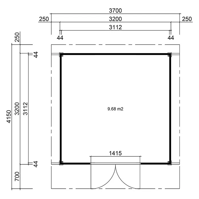 Fjordholz Gartenhaus Modell Alu Line 44-A, 10.24  m², Isolierverglasung -  - Gebäudegrundriss mit detaillierten Maßen und einer Fläche von 9,68 m².