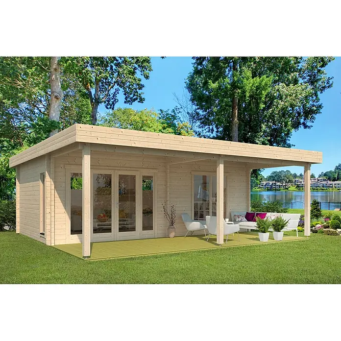 Fjordholz Gartenlounge Modell Oskar 70, 44.40 m², Grau Imprägnierung -  - Helle Gartenhütte aus Holz mit überdachter Veranda, möbliert für das Leben im Freien am See.