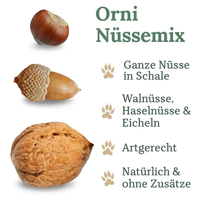 Orni Nüsse-Mix für Eichhörnchen 1kg -  - Orni Nüssemix: Ganze Walnüsse, Haselnüsse und Eicheln in Schale, natürliches und artgerechtes Futter.