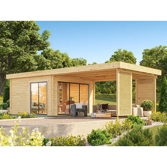 Fjordholz Gartenlounge Modell Carlise 44 Alu, 31.52 m², ohne Imprägnierung -  - Modernes Gartenhaus aus hellem Holz mit Glasschiebetüren und überdachter Terrasse im Grünen.
