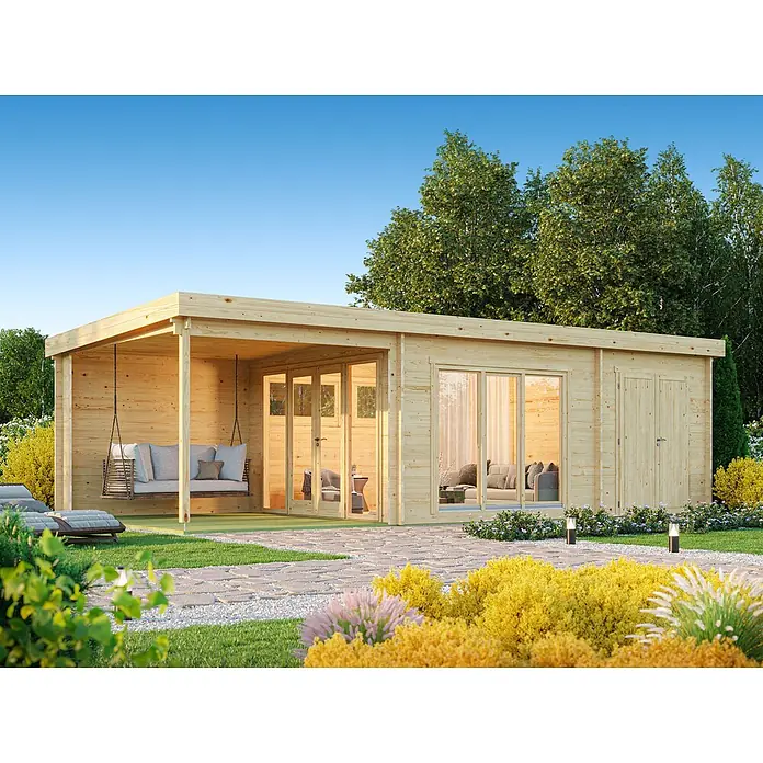 Fjordholz Gartenlounge Modell Olaf 44, 19.56 m², Grau Imprägnierung -  - Gartenhaus aus hellem Holz mit überdachter Veranda und Schaukel.