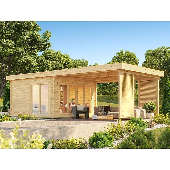 Fjordholz Gartenlounge Modell Carlise 44, 31.52 m², Grau Imprägnierung -  - Gartenhaus aus hellem Holz mit integrierter Pergola, schafft einen Wohnbereich im Grünen.