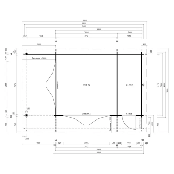 Fjordholz Gartenlounge Modell Sandra 44 C, 19.18 m², Isolierverglasung -  - Technischer Plan eines Holzgartenhauses mit Terrasse, inklusive Grundriss, Maßen und Flächenangaben.