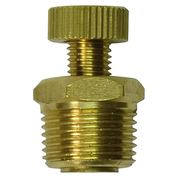Craftomat Entwässerungsventil - ⅜″ (Außengewinde) - Detailaufnahme einer goldenen Messingverschraubung mit Rändelkopf, ideal für präzise Einstellungen in verschiedenen Anwendungen.