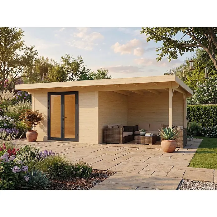 Fjordholz Gartenhaus Modell Alu Line 44-B, 19.20  m², Isolierverglasung -  - Heller Holz-Gartenraum mit integrierter überdachter Terrasse, möbliert zur Entspannung im grünen Garten.