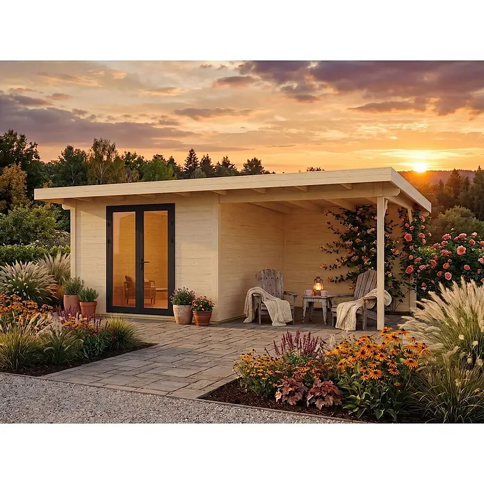 Fjordholz Gartenhaus Modell Alu Line 44-B, 19.20  m², Isolierverglasung -  - Helle Holzgartenhütte mit überdachter Veranda, in einem üppigen Garten bei Sonnenuntergang, bietet gemütlichen Wohnraum im Freien.