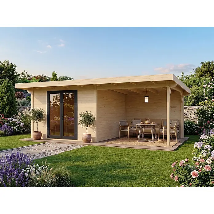 Fjordholz Gartenhaus Modell Alu Line 44-B, 19.20  m², Isolierverglasung -  - Gartenhaus aus Holz mit integrierter überdachter Terrasse, möbliert mit Sitzgelegenheiten, in einem Garten.
