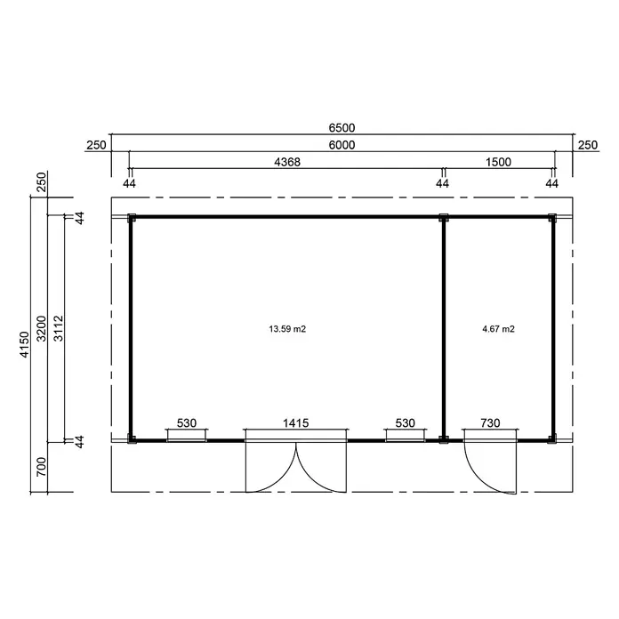 Fjordholz 2-Raum Gartenhaus  Alu Line 44-F, 19.20  m², Isoliervergl. -  - Grundriss eines rechteckigen Gebäudes mit zwei Räumen, Gesamtmaßen und einzelnen Raumflächen.
