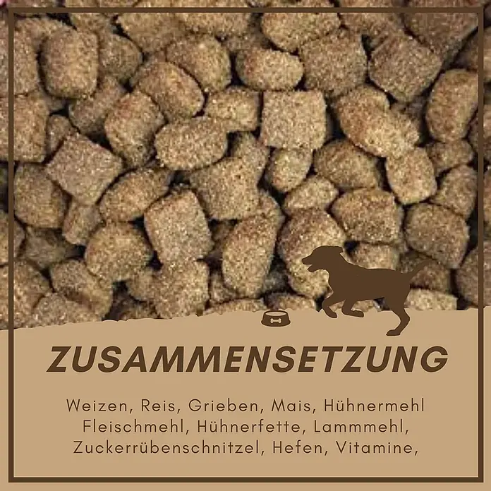Supravit Hundefutter trocken 4kg für Hunde mit Lamm & Reis -  - Braunes Hundefutter-Trockenfutter mit einer Liste der Inhaltsstoffe wie Weizen, Reis, Mais, Hühnermehl, Lammmehl und Vitamine.