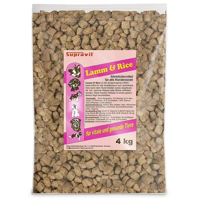 Supravit Hundefutter trocken 4kg für Hunde mit Lamm & Reis -  - Transparente Tüte Supravit Lamm & Reis Trockenfutter für Hunde, mit braunen Kroketten, 4 kg.
