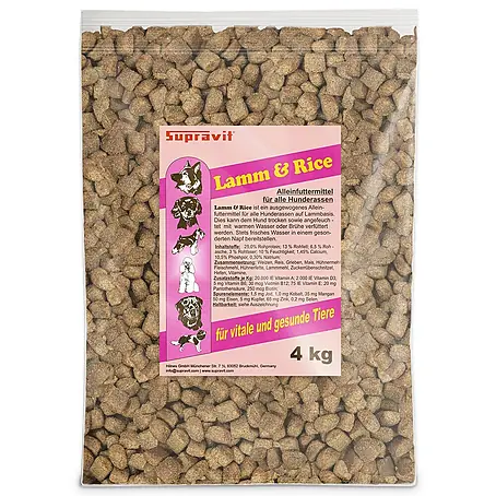 Supravit Hundefutter trocken 4kg für Hunde mit Lamm & Reis