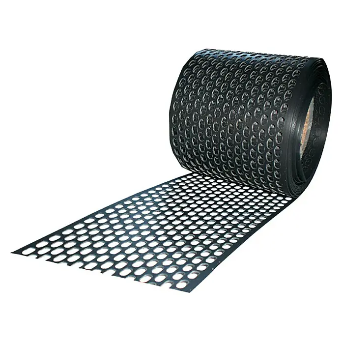 Sarei Vogelschutzgitter - 5 m x 100 mm, Anthrazit - Ein Rolle gelochtes, schwarzes Drainagematerial. Ideal für Bauprojekte, die eine effektive Entwässerung und Belüftung erfordern.