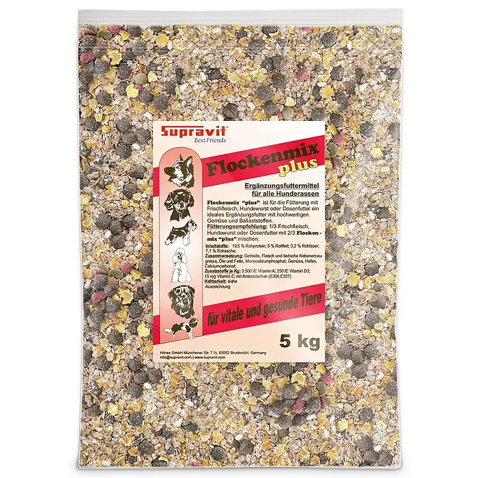 Supravit Flockenmix für Hunde 5kg - Flockenmischung  Ergänzung für Hunde -  - Supravit Flockenmix plus Ergänzungsfuttermittel für Hunde, 5 kg, in transparenter Verpackung mit gemischten Flocken und Pellets.