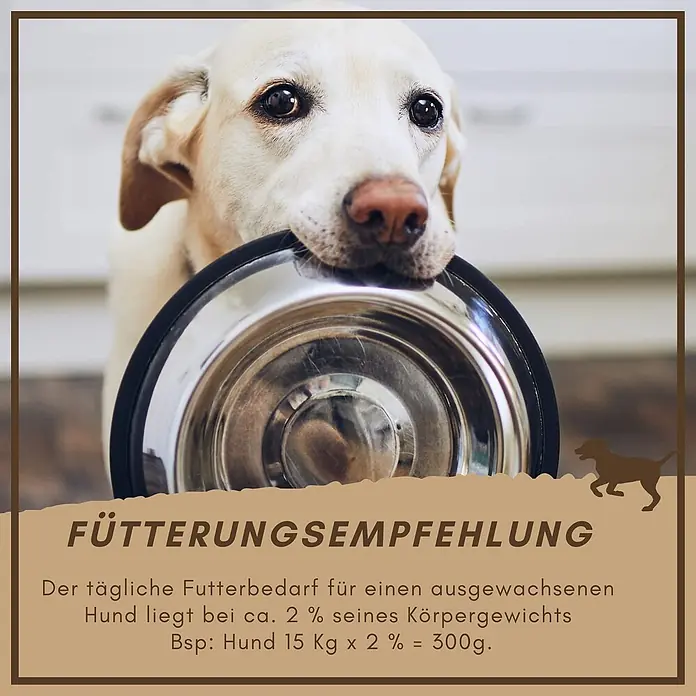 Supravit Hundefutter trocken 4kg für Hunde mit Lamm & Reis -  - Ein Hund hält eine silberne Metallfutterschüssel im Maul. Text gibt Fütterungsempfehlungen.