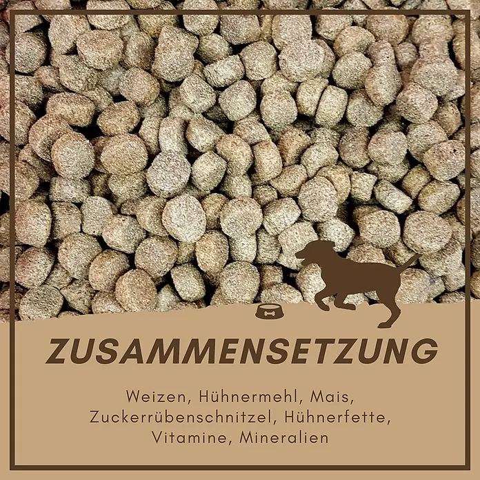 Supravit Hundefutter trocken 5kg | Huhn mit Mais gut verträglich für Hunde -  - Braunes Trockenfutter für Hunde, mit Hundesilhouette und Text zur Zusammensetzung, u.a. Getreide, Fleischmehl und Vitamine.