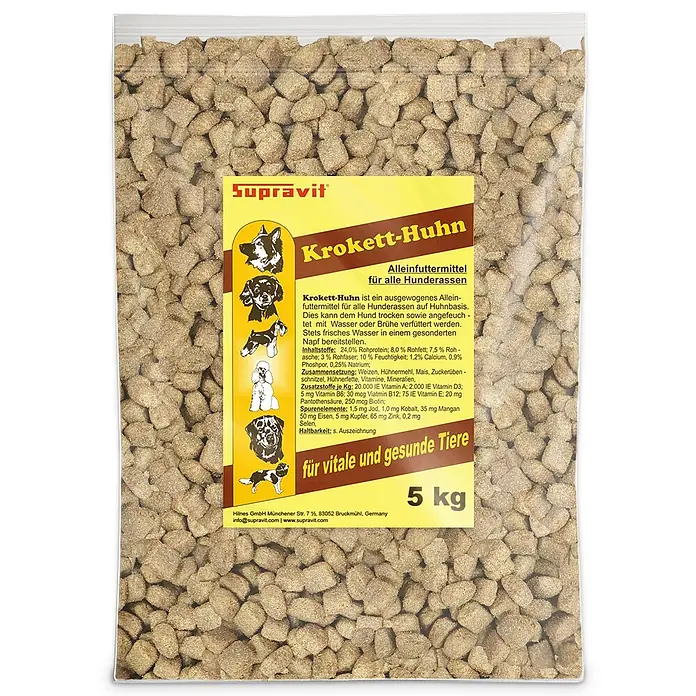 Supravit Hundefutter trocken 5kg | Huhn mit Mais gut verträglich für Hunde -  - Transparente Tüte Supravit Krokett-Huhn Hundefutter, hellbraune Kroketten, mit gelbem Etikett, das Hunderassen und '5 kg' zeigt.