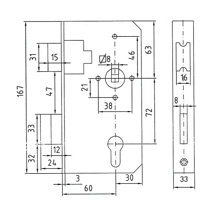 Einsteckschloss- & Kasten (Dornmaß: 60 mm, 167 x 33 mm, Profilzylinder PZ)