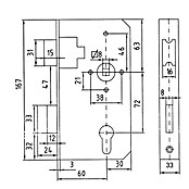 Einsteckschloss- & Kasten (Dornmaß: 60 mm, 167 x 33 mm, Profilzylinder PZ)