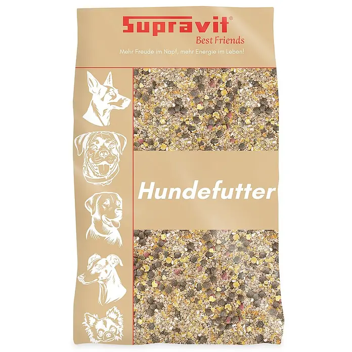 Supravit Flockenmix für Hunde 15kg Flockenmischung Ergänzung für Hunde -  - Brauner Beutel Hundefutter mit Supravit-Logo, Hunderassen-Illustrationen und transparenten Fenstern, die das Futter zeigen.