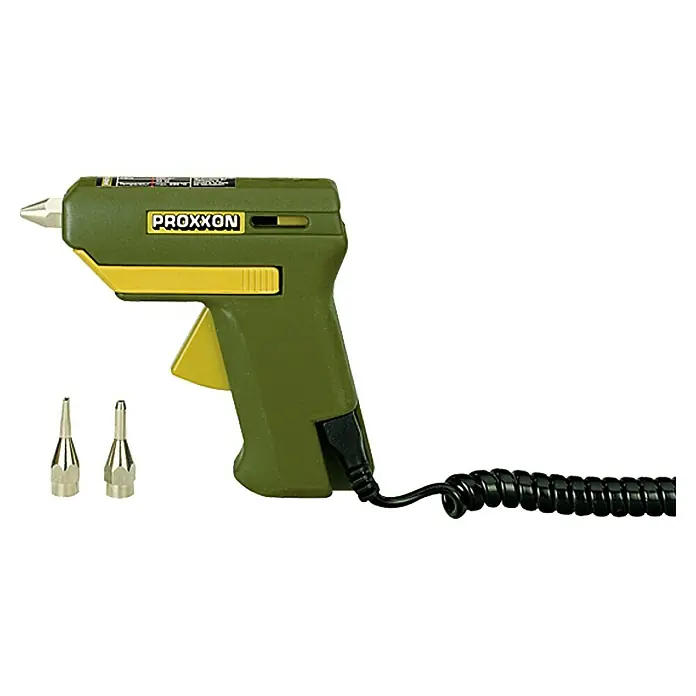 Proxxon Micromot Heißklebepistole HKP 220 No 28192 - Durchmesser Klebepatrone: 7 mm, 200 °C - Ein Proxxon Heißklebepistole mit feinen Düsen für präzise Anwendungen, ideal für Modellbau und Reparaturen.