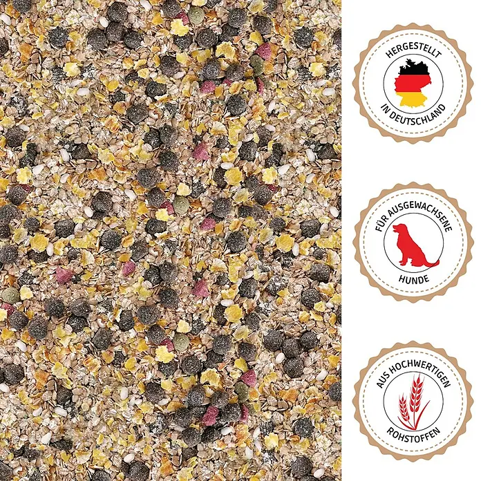 Supravit Flockenmix für Hunde 15kg Flockenmischung Ergänzung für Hunde -  - Bunte Hundefuttermischung aus Getreide, Flocken, dunklen runden Kroketten sowie kleinen roten und grünen Stücken.