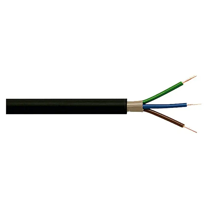 Erdkabel NYY-J 3x1,5 mm² - NYY-J, 3, 1,5 mm², 50 m, Schwarz - Ein isoliertes, schwarzes Elektrokabel mit drei freiliegenden farbigen Drähten: Grün, Blau und Braun, die herausragen.