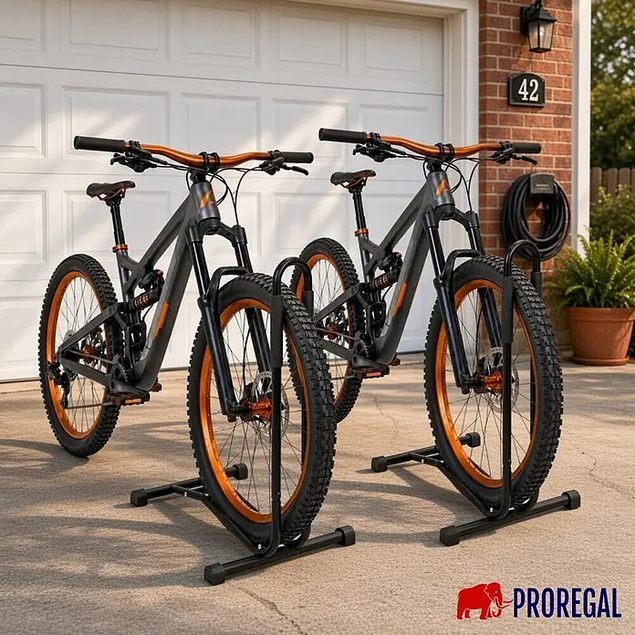 PROREGAL Fahrradständer STAND 2er Set HxBxT 74x43x43cm -  - Zwei schwarze Metall-Fahrradständer halten sicher schwarze und orange Mountainbikes.