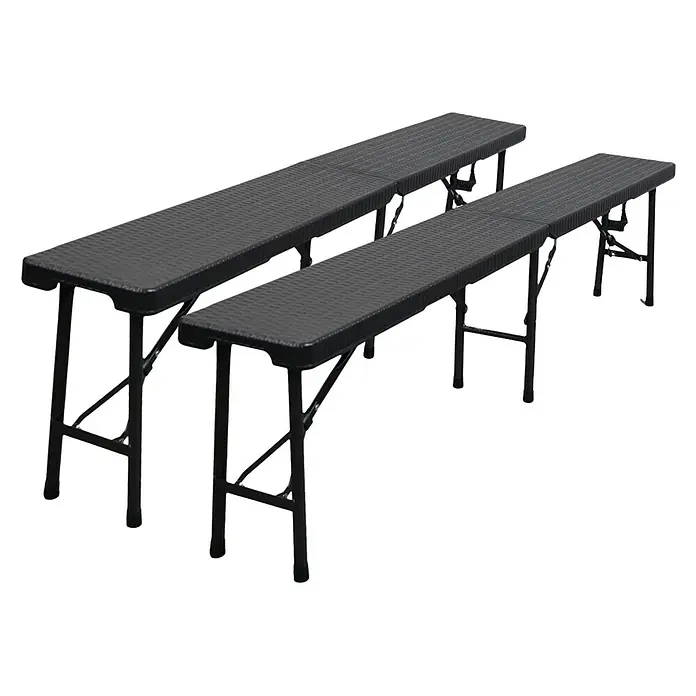 2er Set Bierbank klappbar 43x180x25cm für 8 Personen Rattan Optik, Schwarz -  - Zwei schwarze klappbare Bänke mit strukturierter Kunststoffoberfläche.