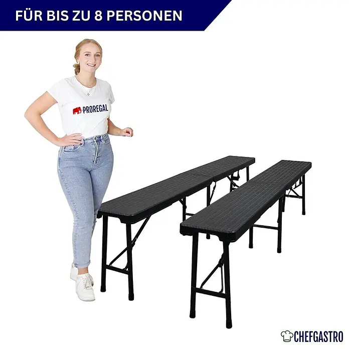 2er Set Bierbank klappbar 43x180x25cm für 8 Personen Rattan Optik, Schwarz -  - Zwei dunkelgraue Klappbänke für bis zu 8 Personen, mit Frau zur Größenreferenz.
