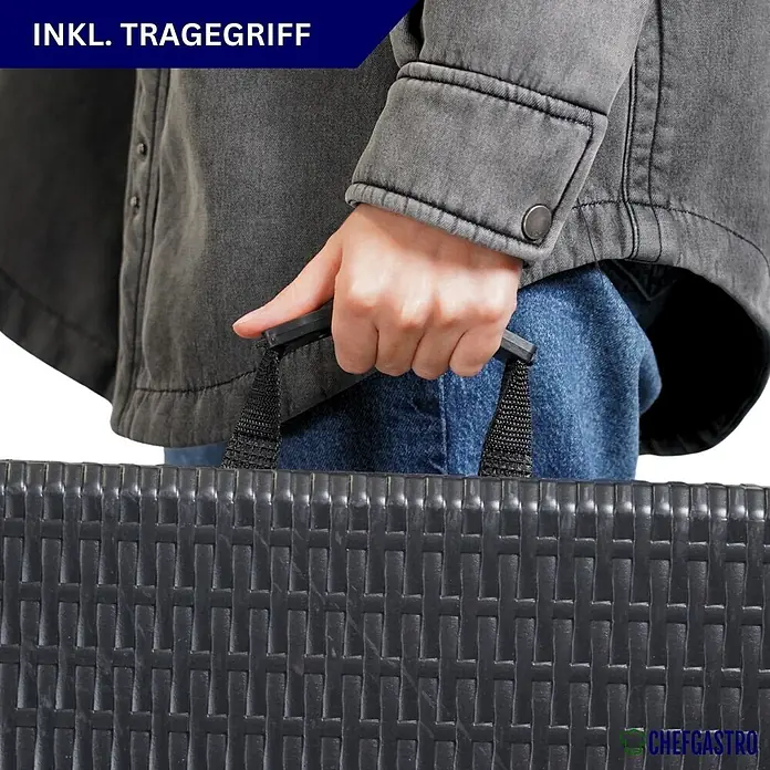 2er Set Bierbank klappbar 43x180x25cm für 8 Personen Rattan Optik, Schwarz -  - Person trägt schwarzen, geflochtenen Gegenstand am Tragegriff.