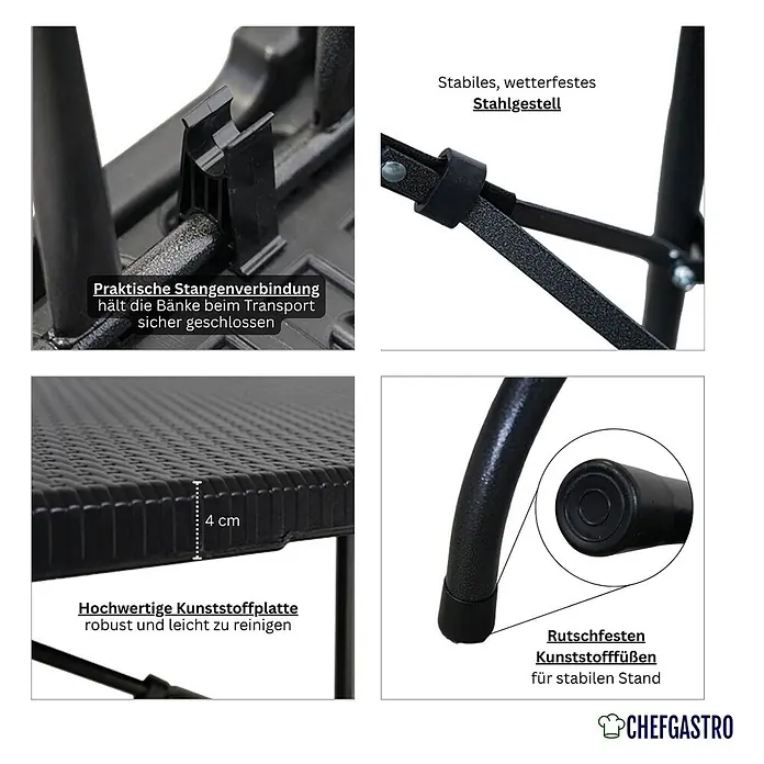 2er Set Bierbank klappbar 43x180x25cm für 8 Personen Rattan Optik, Schwarz -  - Details einer klappbaren schwarzen Bank/Tisch: 4cm dicke Kunststoffplatte, wetterfestes Stahlgestell, rutschfeste Füße und sichere Stangenverbindung für Transport.